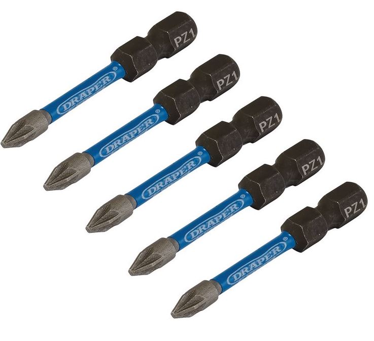 DRAPER EXPERT PZ-TYPE IMPACT SCREWDRIVER BITS, NO.1 X 50MM, 1/4″ HEX (PACK OF 5)
