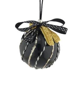 58012 8cm Black & Gold Swirl & Glitter Bow Bauble