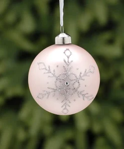 P039173 Festive 8cm matte pink glass bauble – grey glitter snowflake