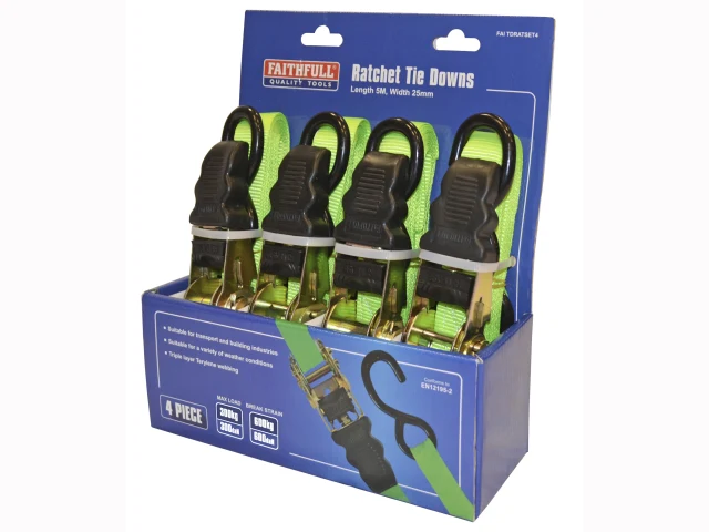 Faithfull Ratchet Tie Downs 5m x 25mm (Pack of 4)